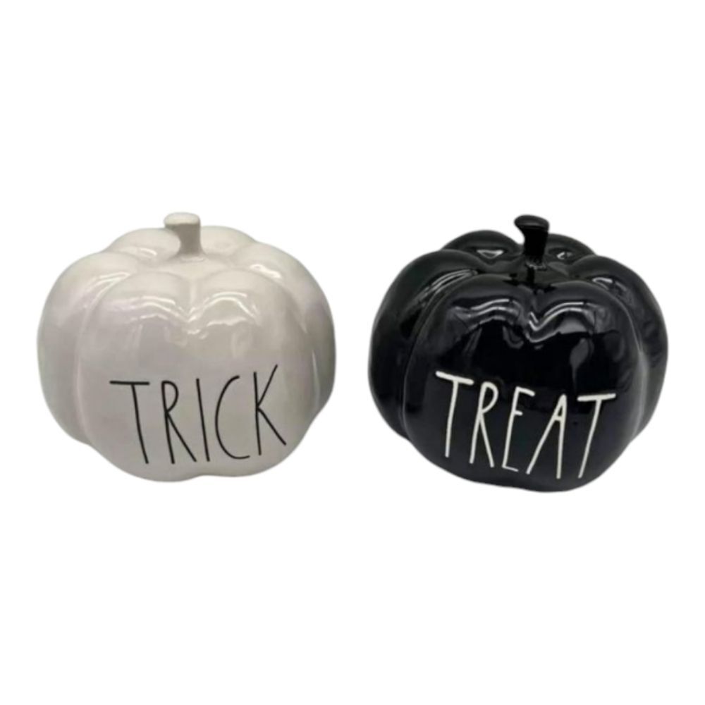 Rae Dunn TRICK OR TREAT Black and White Gloss Pumpkin Set - Picture 1 of 5